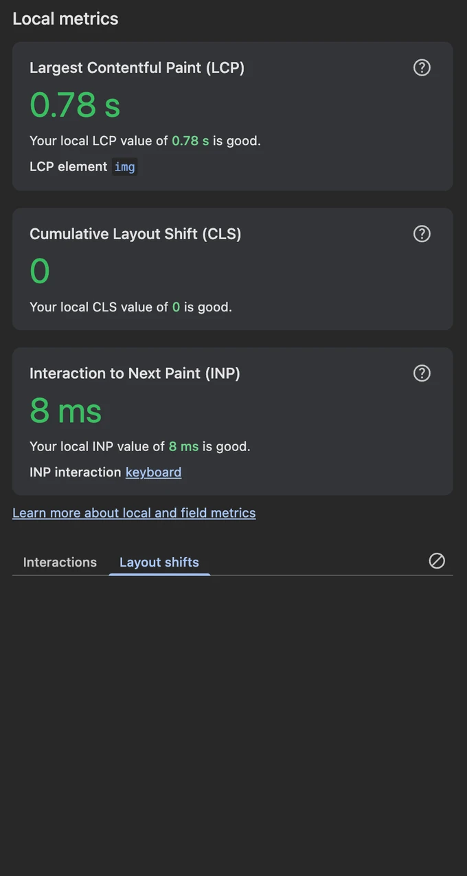 After CLS improvements CLS of 0 and an empty Layout shifts list after optimization