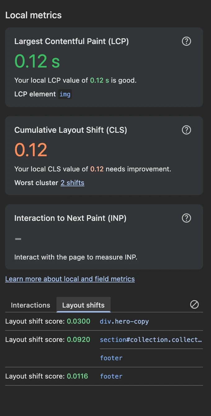 Before CLS improvements CLS of 0.12 and the shifted elements before optimization