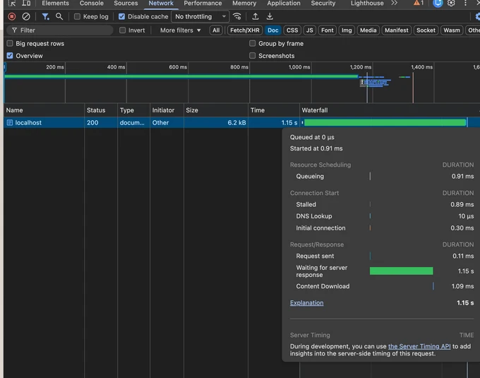 Parallel data requests Document Timing showing about 1.15 seconds of server wait after Promise.all