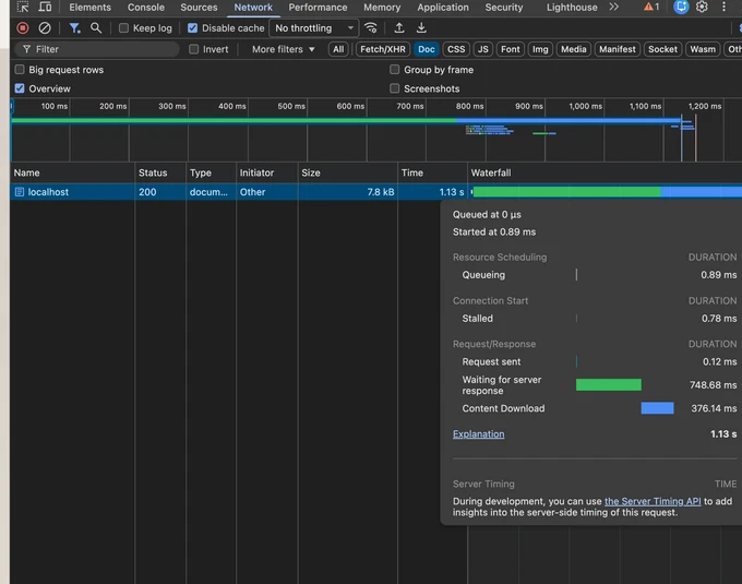 Streaming SSR response Timing record showing the remaining HTML downloading after the Streaming SSR response begins